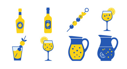 Illustration of various yellow lemonade drinks and ingredients, including bottles, glasses, pitchers, and fruit skewers, all outlined in blue on a white background.