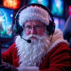 Santa, wearing a headset and microphone, communicates online with children
