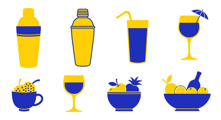 Illustration showcasing various cocktail-related items, including shakers, glasses, and fruit arrangements.