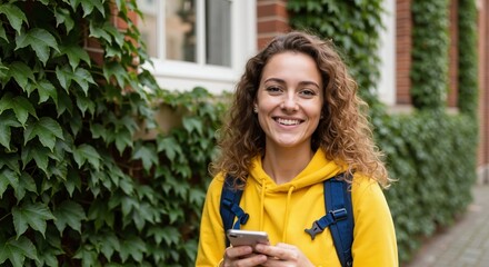 Happy young female student smiling with a smartphone on campus. Portrait of a cheerful woman in a yellow hoodie and backpack outdoors