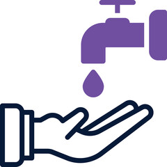 Purple Faucet Icon Dripping Water Onto Open Palm In Simple Flat Design Style With Transparent Background And Dark Blue Outline