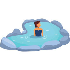 Pixel Art Style Woman Relaxing in a Serene Natural Hot Spring Surrounded by Smooth Gray Rocks and Rippling Blue Water Calm Atmosphere and Tranquility