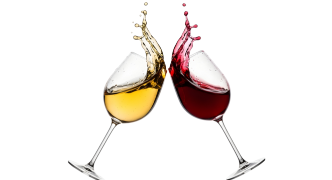 Two wine glasses toasting with red and white wine splashing