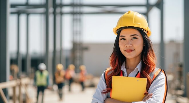 Confident female engineer in a hard hat at a construction site. Professional Asian architect or site manager looking at the camera. Women in the building industry concept