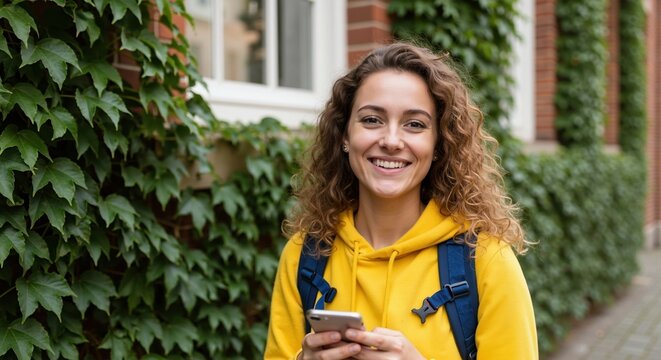 Happy young female student smiling with a smartphone on campus. Portrait of a cheerful woman in a yellow hoodie and backpack outdoors