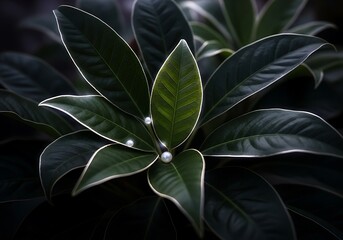 Elegant juxtaposition: Dark laurel leaves adorned with delicate pearls in moody illumination