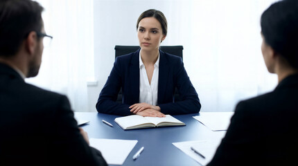 Serious Young Businesswoman Listening To Recruitment Panel During Job Interview In Modern Office