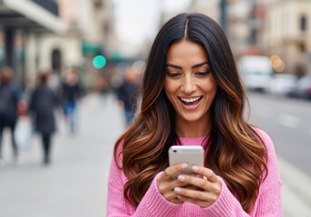 Happy young woman looking at smartphone on a city street. Excited female reading good news on mobile phone outdoors. Cheerful person using technology in urban background