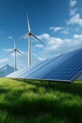 Solar Panels And Wind Turbines In Green Field