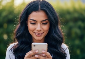 Smiling young woman using smartphone in a park. Happy brunette female texting on mobile phone outdoors. Technology and communication concept