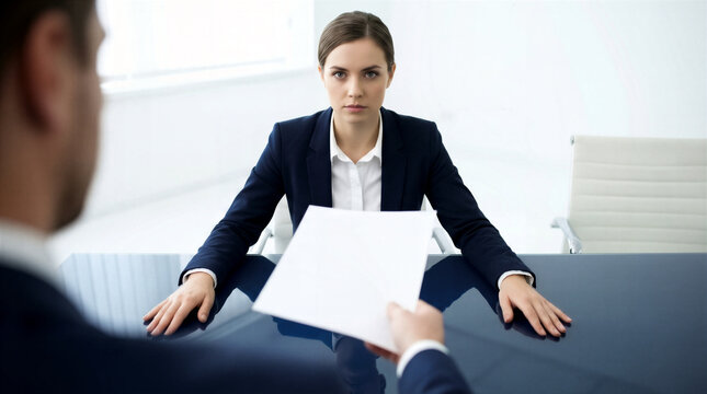 Serious Young Businesswoman Receiving Document From Manager During Formal Office Meeting