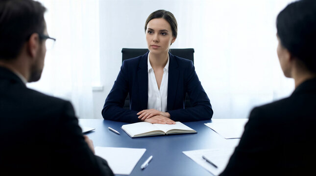 Serious Young Businesswoman Listening To Recruitment Panel During Job Interview In Modern Office