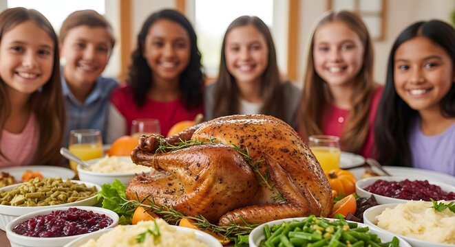 Joyful Thanksgiving Feast Diverse Group of Happy Children Gathered Around a Festive Dinner Table with a Delicious Roasted Turkey and Side Dishes