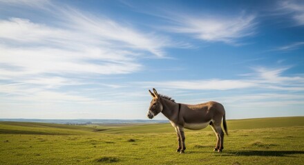 Donkey in green field under blue sky