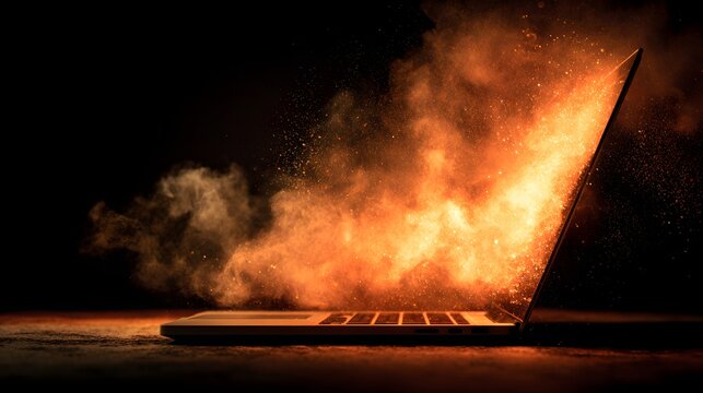 Laptop on fire with smoke and flames, symbolizing data loss and cyber attack.