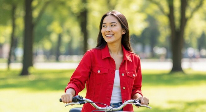 Happy Asian woman riding a bicycle in a sunny park. Smiling young female cyclist in red jacket looking back. Active lifestyle concept