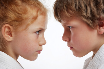 Close-Up Staredown of Two Children in Martial Arts Gi Facing Off — Intense Profile Portrait of Boy and Girl in Karate Showing Focused Determination