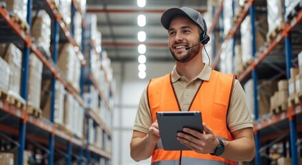 A warehouse worker using a tablet and headset standing in a large storage facility aisle way