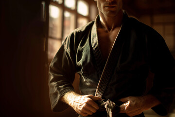Focused martial artist tying his belt in a sunlit dojo — close-up of muscular torso in gi uniform, black belt preparation, discipline and strength