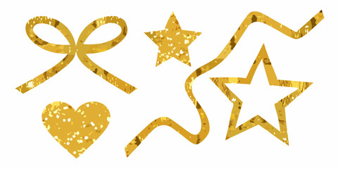 Golden textured celebration elements bow heart stars and ribbon on white