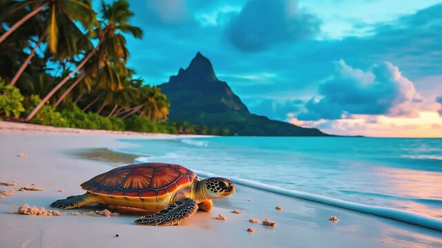 Cinematic Wildlife Video of Sea Turtle Hatchling Emerging on Tropical Beach at Golden Hour