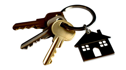 Bunch of house keys and a house shaped keychain isolated on transparent background