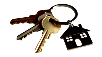 Bunch of house keys and a house shaped keychain isolated on transparent background