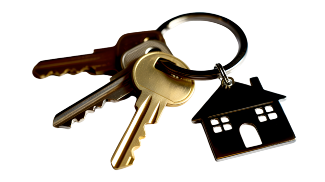 Bunch of house keys and a house shaped keychain isolated on transparent background