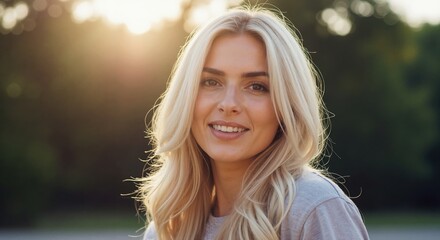 Portrait of a smiling young blonde woman outdoors at sunset. Happy Caucasian female face close up with golden hour backlight. Natural healthy lifestyle concept