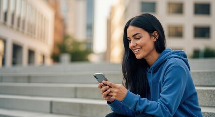 Happy young woman using smartphone sitting on urban steps. Smiling female student texting outdoors in city