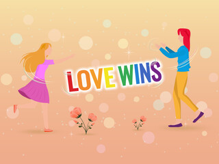 A vibrant, heartwarming illustration featuring two women running towards each other to embrace, with the rainbow-colored text 