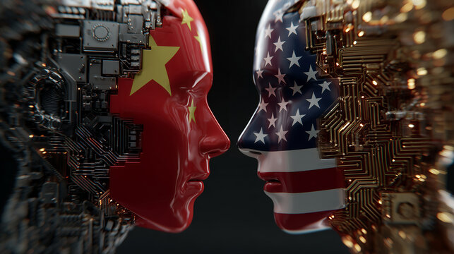 China US AI Competition Tech War Geopolitics Technology Rivalry Artificial Intelligence Superpower Conflict Circuit Board Brain
