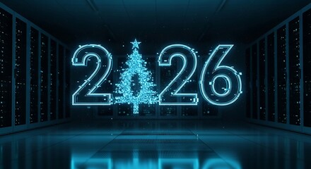 Digital neon 2026 with christmas tree inside number zero