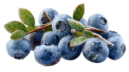 A frozen blueberry branch with leaves isolated on a white background, fresh fruit covered in ice crystals, a cold winter plant close-up, healthy organic food, a frosty berry twig.