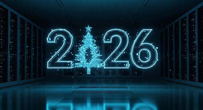 Digital neon 2026 with christmas tree inside number zero