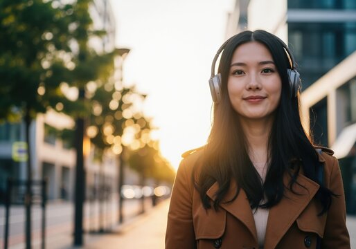 Young Asian woman listening to music with headphones in the city at sunset. Happy female commuter enjoying audio on an urban street during golden hour
