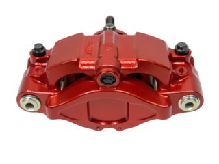 Close up of a red brake caliper isolated on transparent background