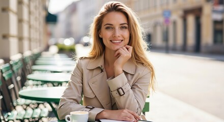 A smiling young woman sitting at an outdoor cafe in the city. Portrait of a happy blonde female in a trench coat enjoying a coffee break