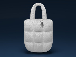 Women's plush tote bag. White fur quilted bag with blank metal oval keychain. 3d illustration on blue background