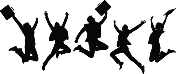Jumping business women silhouette, career success, professional celebration, office attire, confident pose, briefcase, teamwork, achievement, leadership, motivation