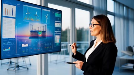 Businesswoman Analyzing Renewable Energy Data on Digital Screen
- Powered by Adobe