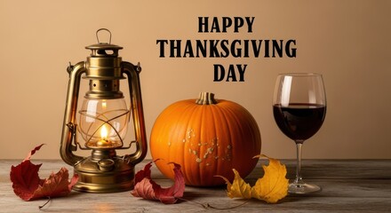 Happy Thanksgiving Day Festive Decor with Wine and Pumpkin