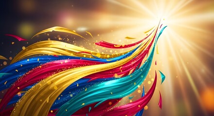 Colorful ribbons soaring upwards with light rays and confetti, abstract celebration