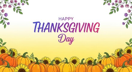 Happy Thanksgiving Day Celebration with Pumpkins and Floral Decor