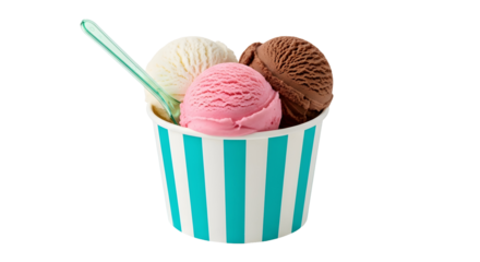 Three scoops of ice cream in a striped cup with a spoon