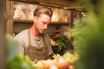 A focused man in an apron prepares fresh produce in a cozy market, surrounded by vibrant vegetables and herbs.