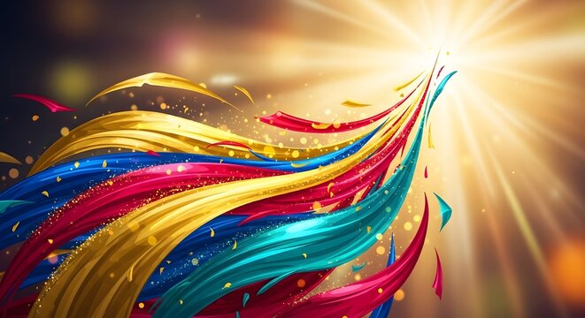 Colorful ribbons soaring upwards with light rays and confetti, abstract celebration