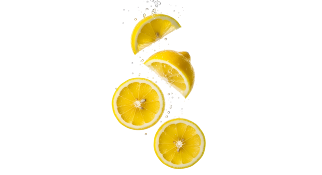 Fresh orange slices falling through water against a black background