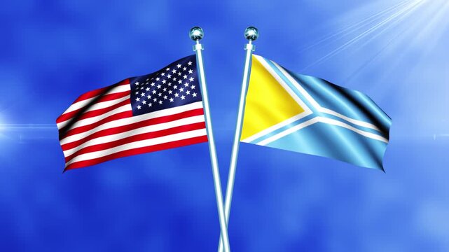 USA and Tuva Flag Waving On Pole Loop