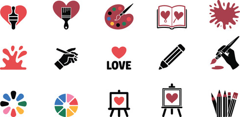 Collection of art and love related icons heart brush